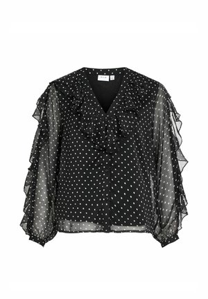 Sort bluse med polka dots i gennemsigtig stof, med V-udskæring, rynket front og lange, flagrende rynkede ærmer; har knaplukning.