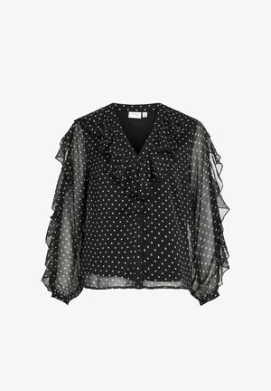 Sort bluse med polka dots i gennemsigtig stof, med V-udskæring, rynket front og lange, flagrende rynkede ærmer; har knaplukning.