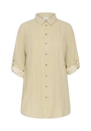 Camicia beige e bianca a righe con bottoni, collo, maniche arrotolate e taschino sul lato sinistro del petto. Realizzata in tessuto leggero.