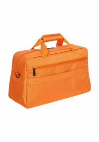 Sac de voyage en tissu orange avec doubles poignées supérieures, une fermeture éclair et une poche avant. Forme rectangulaire avec une texture lisse.