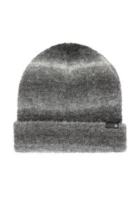 Gorro de lana gris con vuelta en el dobladillo, que presenta una pequeña etiqueta negra con un logo circular en el lado de la vuelta.