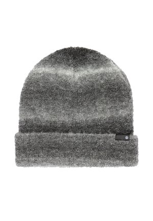 Grijze gebreide beanie met een omgevouwen rand, voorzien van een klein zwart label met een cirkelvormig logo aan de zijkant van de rand.