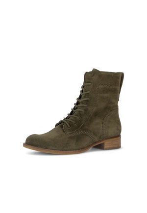 Olive green suede ankle boot with low wooden heel, round toe, and front laces, shown on a plain white background.