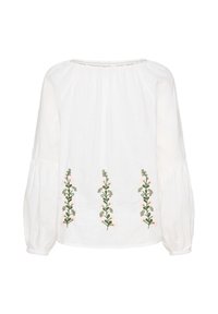 Blusa bianca a maniche lunghe realizzata in tessuto leggero, con ricami floreali in verde e rosa lungo la parte anteriore, dotata di maniche arricciate.