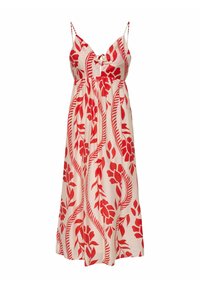 Robe maxi florale en crème avec des motifs de feuilles rouges. Caractéristiques : fines bretelles, corsage ajusté et taille élastique pour un ajustement décontracté.