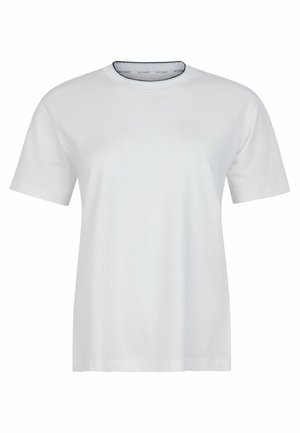 Biała koszulka z krótkim rękawem i okrągłym dekoltem, o lekko luźnym kroju i subtelnym czarnym obszyciu wewnątrz kołnierza.