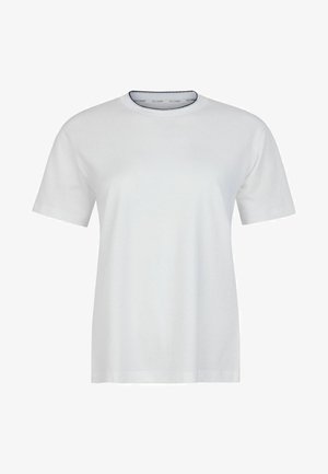 Weißes Kurzarm-T-Shirt mit Rundhalsausschnitt, leicht legerer Passform und dezentem schwarzen Besatz innen am Halsausschnitt.