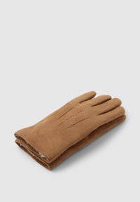 Gants en suede marron, de longueur doigt avec trois lignes de couture décoratives au dos. Texture douce avec un design plié. Intérieur doublé.