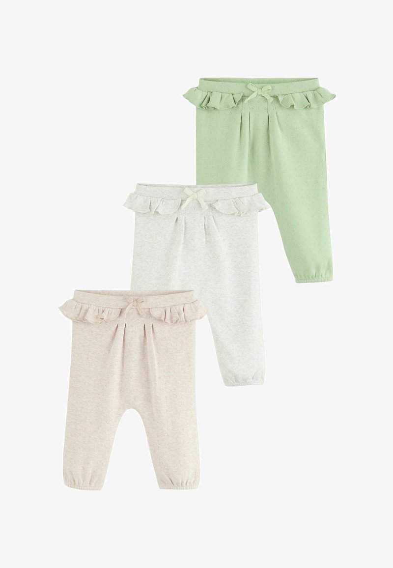 Trei perechi de pantaloni pentru fete: roz deschis, gri și verde. Fiecare cu talie volanată și accente cu fundițe, confecționați dintr-un material moale și texturat.