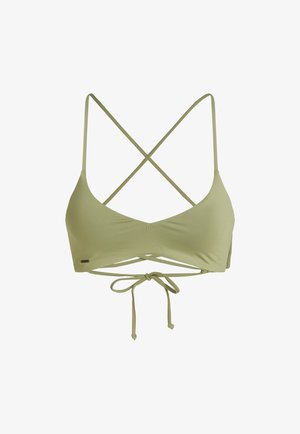 Bikini gornji dio u maslinastoj boji s trokutastim dizajnom, tankim ukriženim trakama i vezanjem na leđima. Glatka tekstura, minimalan detalj brendiranja.