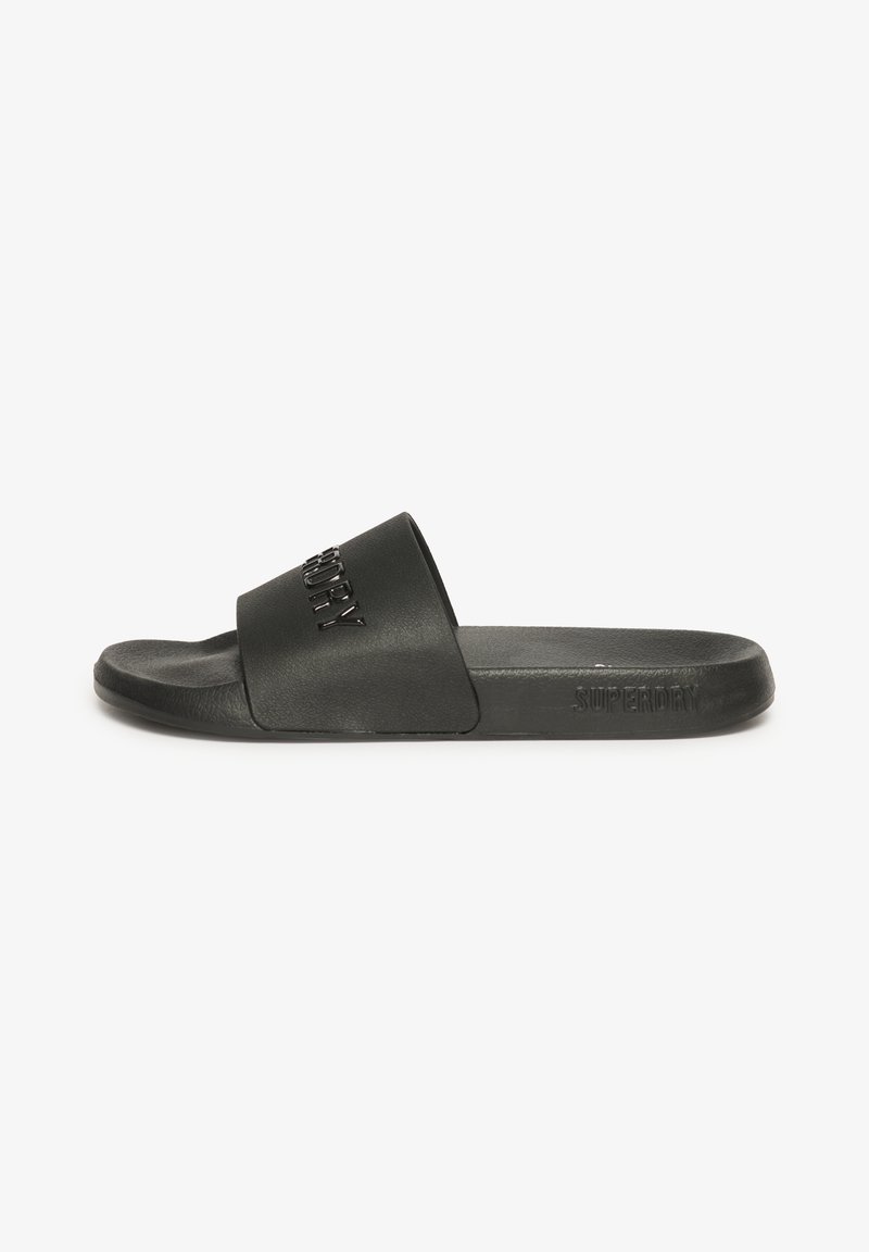 Zwarte slidesandalen gemaakt van glad synthetisch materiaal, met een brede band met reliëfbranding en een platte zool.
