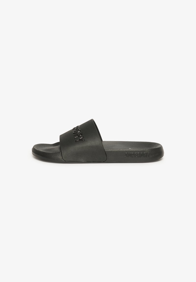 Zwarte slidesandalen gemaakt van glad synthetisch materiaal, met een brede band met reliëfbranding en een platte zool.