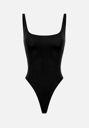 Costume intero nero con scollo quadrato e aperture delle gambe a taglio alto, mostrato su uno sfondo chiaro uniforme.