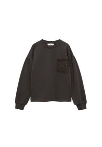 Temno siva trenerica z okroglim izrezom, dolgimi naborki na rokavih in teksturirano čipkastim žepom na levi strani. Mehka tkanina in sproščen kroj.