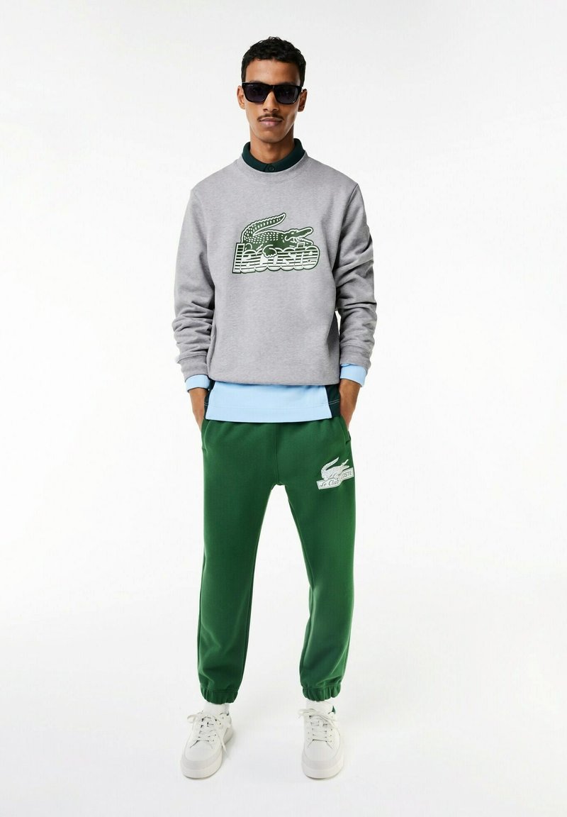 Felpa grigia con logo verde sopra uno strato azzurro chiaro, abbinata a pantaloni della tuta verdi con logo bianco. Il modello indossa occhiali da sole e sneakers bianche.