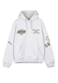 Gray hoodie with a kangaroo pocket. Features printed text "Mud City REYES," "Burning AND Looting," and "GR" in black and gold accents.