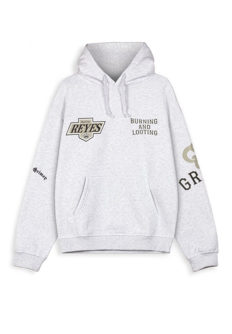 Gray hoodie with a kangaroo pocket. Features printed text "Mud City REYES," "Burning AND Looting," and "GR" in black and gold accents.