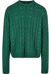 Pull vert en maille torsadée avec un col rond et des manches longues ; présente des motifs texturés et une taille courte.