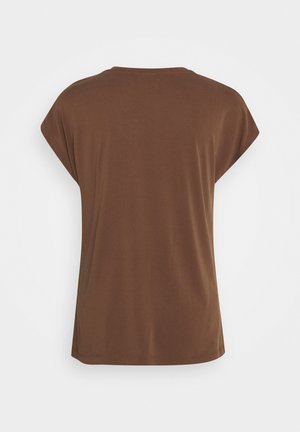 Braunes kurzes T-Shirt mit rundem Ausschnitt und lockerer Passform. Weicher Stoff mit glatter Textur und ohne sichtbare Muster oder Details.