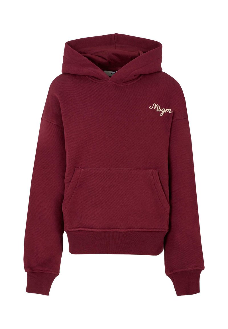 Felpa bordeaux con cappuccio regolabile, tasca frontale, polsini e orlo a coste. Presenta il logo ricamato "Msgm" in beige chiaro. Tessuto morbido.
