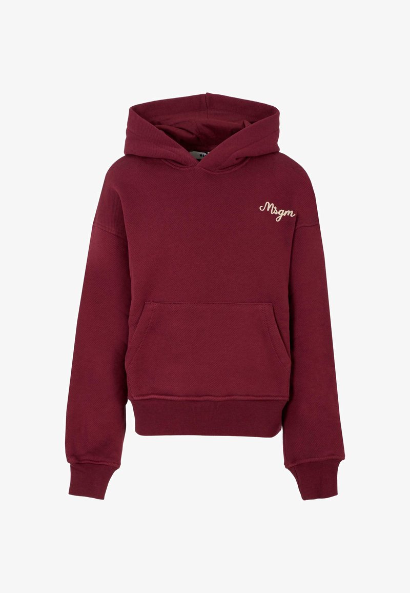 Hoodie bordeaux avec capuche à cordon de serrage, poche avant, poignets et ourlet côtelés. Présente le logo brodé "Msgm" en beige clair. Texture douce.