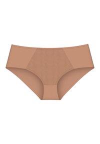 Bezszwowe majtki w kolorze nude z gładkim wykończeniem i strukturalnym wzorem z przodu. Oferują średni stan oraz pełne pokrycie.