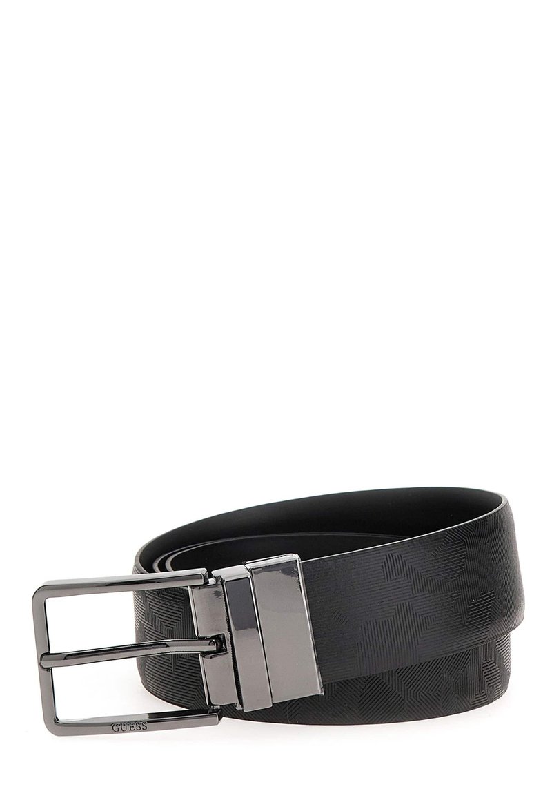 Cintura nera con texture decorativa, fibbia e accessori in metallo argentato con logo. Progettata con una finitura liscia e una forma rettangolare.