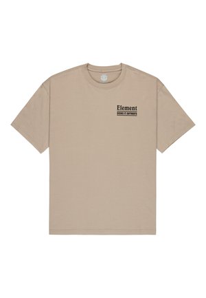 Beige cotton t-shirt with short sleeves, round neckline, and black printed logo on the left chest area, reading "Element DOING IT ANYWAYS."