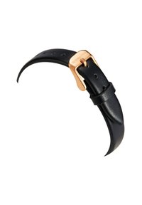 Correa de reloj de cuero negro con una textura suave, que presenta una hebilla de metal en tono dorado y un diseño clásico con múltiples agujeros de ajuste.