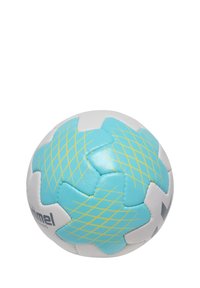 Pallone da calcio bianco con superficie testurizzata, caratterizzato da pannelli a forma di stella azzurri chiari con motivi a griglia gialli diagonali e accenti neri.