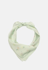 Foulard en soie vert menthe avec un motif floral aux accents roses et jaunes, finition avec un contour vert délicat et un nœud noué.