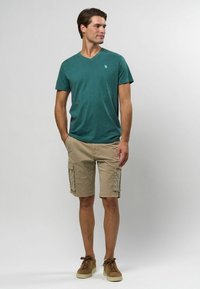 Teal v-ringad t-shirt tillsammans med beige cargo-shorts. Outfiten har korta ärmar och två sidfickor. Avslappnade bruna skor.