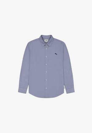 Himmelblaues langärmliges Hemd mit Knöpfen aus Baumwolle. Verfügt über einen Kentkragen und ein kleines dunkles gesticktes Logo auf der Brust.