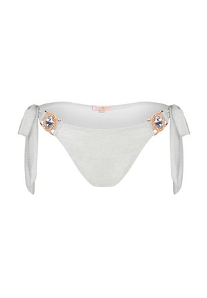 Parte inferiore di bikini grigia con lacci, caratterizzata da ornamenti gioiello sui lati. Tessuto liscio e lucido con una sottile brillantezza.