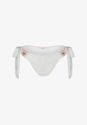 Szare majtki bikini z wiązaniami, ozdobione dżetami po bokach. Gładki, błyszczący materiał z subtelnym połyskiem.