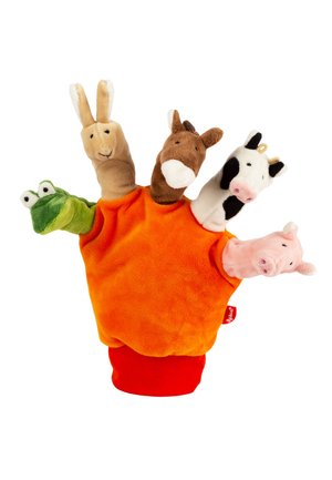 Handpuppe mit fünf Tierköpfen: Frosch, Kaninchen, Pferd, Kuh und Schwein, befestigt an einem orangen Handschuh mit rotem Handgelenksband.