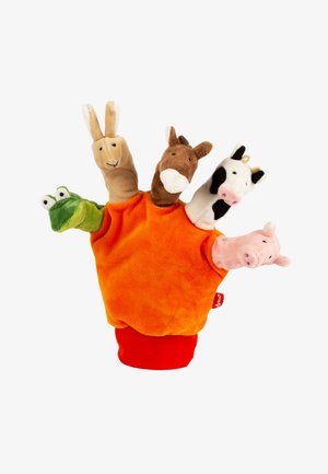 Hand puppet with five animal heads: frog, rabbit, horse, cow, and pig, attached to an orange glove with red wristband.