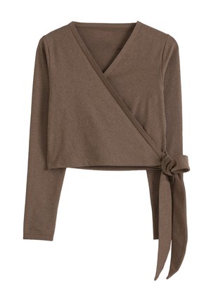 Top marrón de manga larga con escote en V y nudo lateral, de largo cropped, hecho de tela suave y elástica.