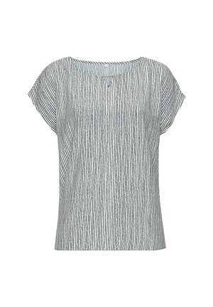 White short-sleeve blouse with thin vertical black stripes and a small triangular keyhole cutout below the collar.