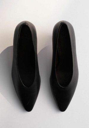 Paar schwarze spitz zulaufende Ballerinas aus Leder, nebeneinander auf einer weißen Oberfläche mit weichen Schatten platziert.