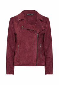 Veste en faux suede bordeaux avec col à revers, fermeture éclair asymétrique et poches latérales. Dispose d'un tissu texturé et d'un design ajusté.