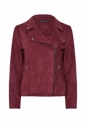 Bordeaux faux-suède jack met een reverskraag, asymmetrische ritssluiting en zijzakken. Heeft een getextureerde stof en een getailleerd ontwerp.