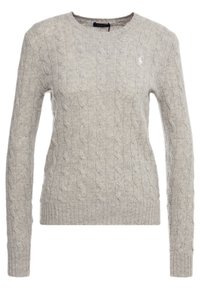 Vaaleanharmaa, palmikkoneuleinen neulepusero, jossa pitkät hihat, pyöreä pääntie ja resorireunus. Kangas vaikuttaa pehme ältä ja siinä on teksturoitu kuvio.