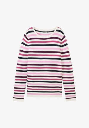 Pitkähihaiset raidalliset paita vaaleanpunaisena, valkoisena ja tummana purppurana. Ominaisuuksiin kuuluu ribbitettu pinta ja leveä, pyöreä kaula-aukko.