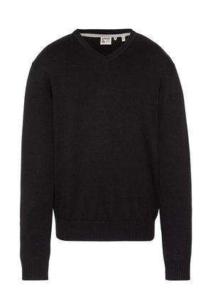 Maglione nero a maniche lunghe con scollo a V, polsini e orlo a coste, mostrato disteso con etichetta del marchio visibile all'interno del colletto.