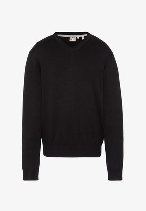 Czarny sweter z długim rękawem i dekoltem w serek, z ściągaczami na mankietach i dole, pokazany na płasko z widoczną metką marki wewnątrz kołnierza.