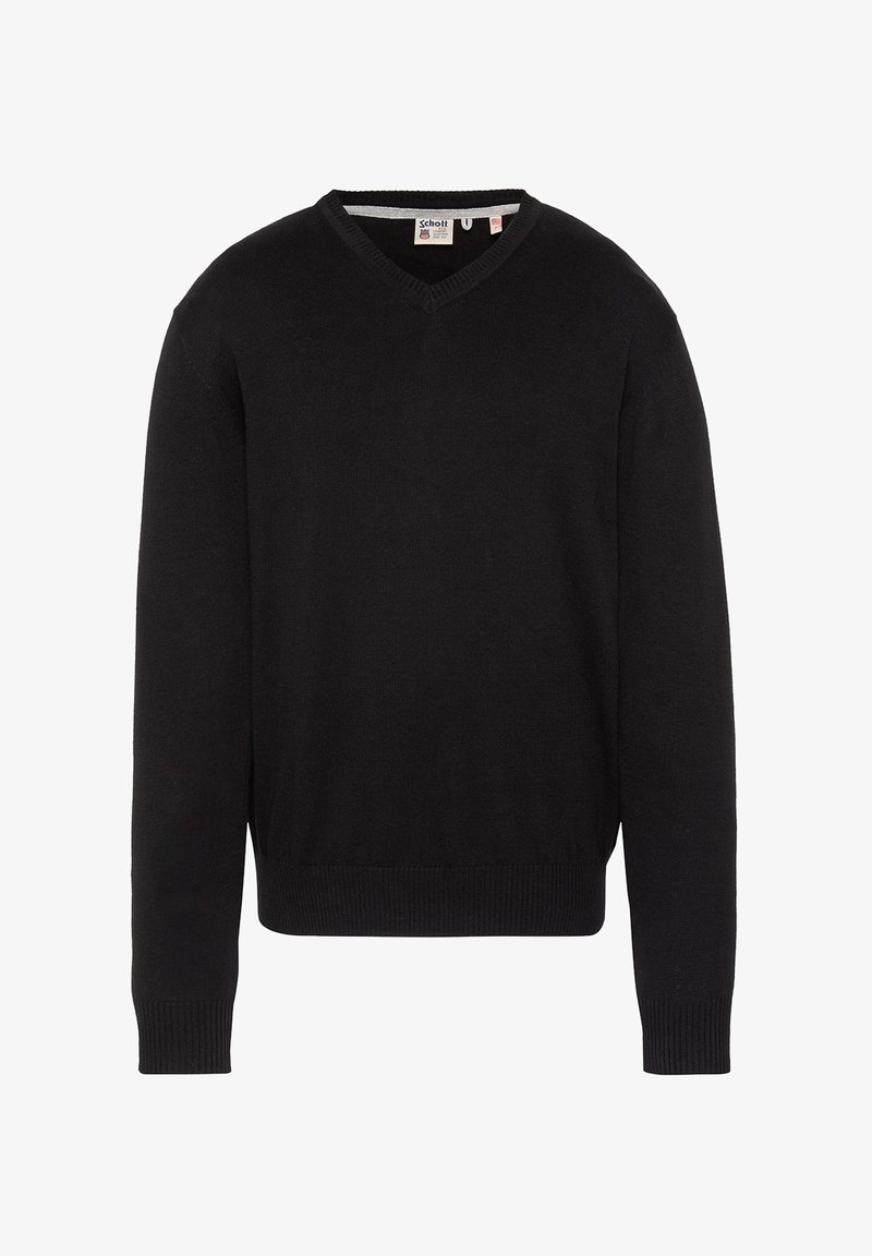 Pull noir à manches longues avec col en V, poignets et ourlet côtelés, présenté à plat avec une étiquette de marque visible à l’intérieur du col.