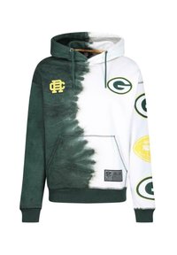 Huppari, jossa on vihreä ja valkoinen kytkösdesign, NFL-logot ja vihreät ribbikuvut. Valmistettu pehmeästä materiaalista, jossa on etutasku.