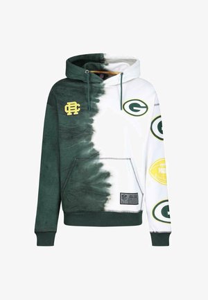 Hættetrøje med et grøn- og hvidt tie-dye mønster, NFL-logoer og grønne ribbede manchetter. Lavet af et blødt materiale med en frontlomme.