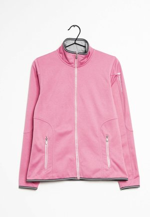 Roze jas met volledige ritssluiting, opstaande kraag, zijzakken met rits en zwarte bies aan mouwen en zoom, tentoongesteld aan een zwarte hanger.